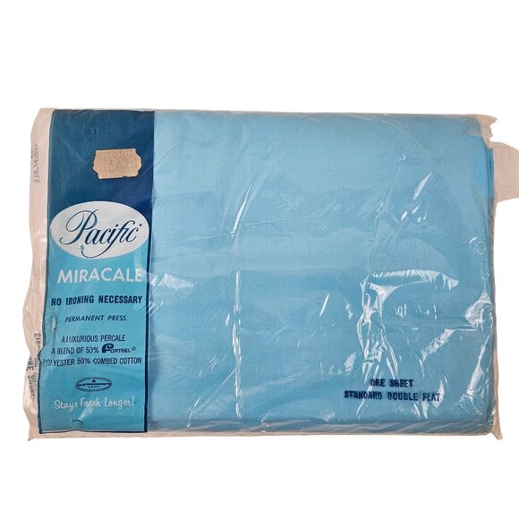 Pacific Miracale Standard Double Flat Bed Sheet Permanent Press Percale Blue - Picture 1 of 10
